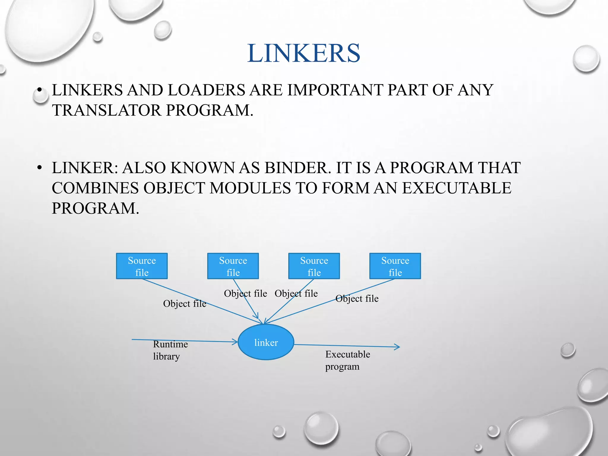 LINKERS 
• LINKERS AND LOADERS ARE IMPORTANT PART OF ANY 
TRANSLATOR PROGRAM. 
• LINKER: ALSO KNOWN AS BINDER. IT IS A PROGRAM THAT 
COMBINES OBJECT MODULES TO FORM AN EXECUTABLE 
PROGRAM. 
Source 
file 
Source 
file 
Source 
file 
Source 
file 
Object file 
Object file Object file 
Object file 
Runtime linker 
library Executable 
program 
 