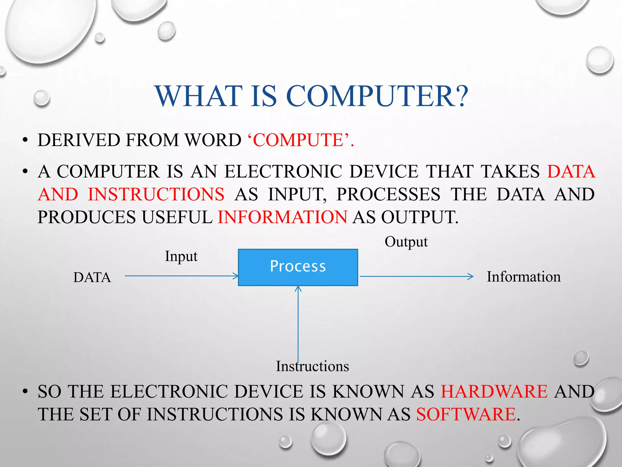 WHAT IS COMPUTER? 
• DERIVED FROM WORD ‘COMPUTE’. 
• A COMPUTER IS AN ELECTRONIC DEVICE THAT TAKES DATA 
AND INSTRUCTIONS AS INPUT, PROCESSES THE DATA AND 
PRODUCES USEFUL INFORMATION AS OUTPUT. 
DATA 
Process 
Input 
Output 
Information 
Instructions 
• SO THE ELECTRONIC DEVICE IS KNOWN AS HARDWARE AND 
THE SET OF INSTRUCTIONS IS KNOWN AS SOFTWARE. 
 