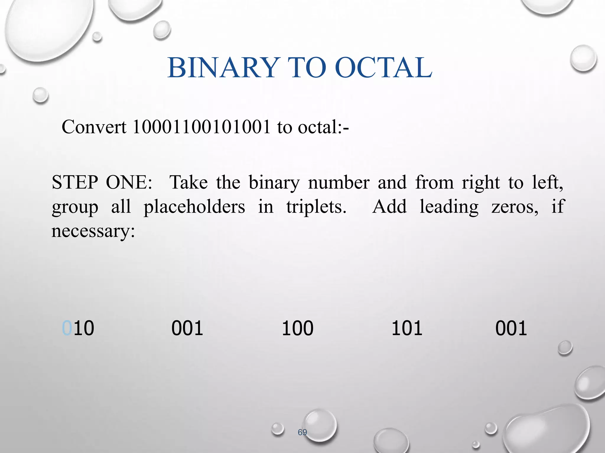 BINARY TO OCTAL 
Convert 10001100101001 to octal:- 
STEP ONE: Take the binary number and from right to left, 
group all placeholders in triplets. Add leading zeros, if 
necessary: 
010 001 100 101 001 
69 
 