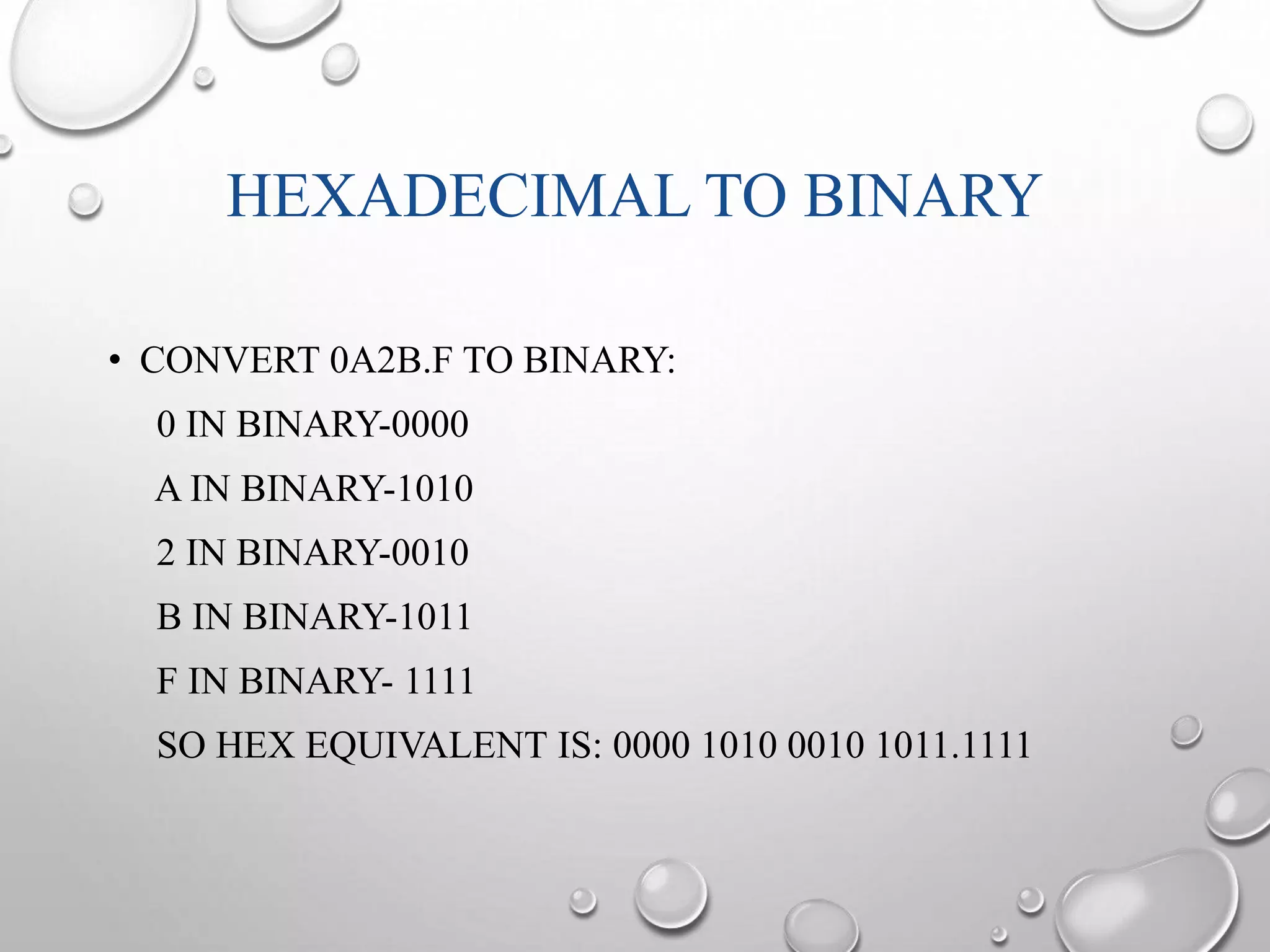 HEXADECIMAL TO BINARY 
• CONVERT 0A2B.F TO BINARY: 
0 IN BINARY-0000 
A IN BINARY-1010 
2 IN BINARY-0010 
B IN BINARY-1011 
F IN BINARY- 1111 
SO HEX EQUIVALENT IS: 0000 1010 0010 1011.1111 
 