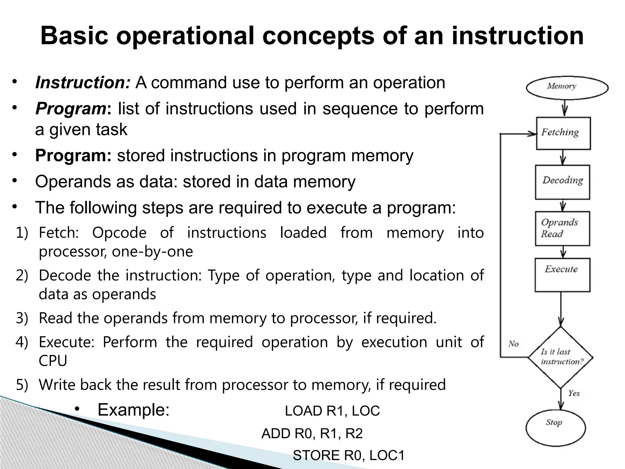 Basic operational concepts of an instruction
• Instruction: A command use to perform an operation
• Program: list of instructions used in sequence to perform
a given task
• Program: stored instructions in program memory
• Operands as data: stored in data memory
• The following steps are required to execute a program:
1) Fetch: Opcode of instructions loaded from memory into
processor, one-by-one
2) Decode the instruction: Type of operation, type and location of
data as operands
3) Read the operands from memory to processor, if required.
4) Execute: Perform the required operation by execution unit of
CPU
5) Write back the result from processor to memory, if required
• Example: LOAD R1, LOC
ADD R0, R1, R2
STORE R0, LOC1
 