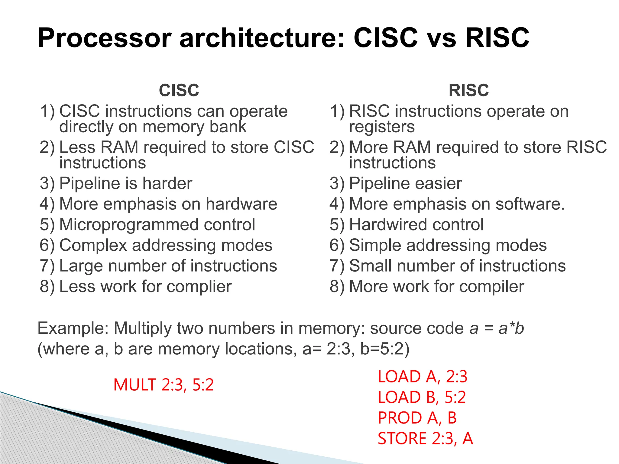 Processor architecture: CISC vs RISC
Example: Multiply two numbers in memory: source code a = a*b
(where a, b are memory locations, a= 2:3, b=5:2)
MULT 2:3, 5:2 LOAD A, 2:3
LOAD B, 5:2
PROD A, B
STORE 2:3, A
CISC
1) CISC instructions can operate
directly on memory bank
2) Less RAM required to store CISC
instructions
3) Pipeline is harder
4) More emphasis on hardware
5) Microprogrammed control
6) Complex addressing modes
7) Large number of instructions
8) Less work for complier
RISC
1) RISC instructions operate on
registers
2) More RAM required to store RISC
instructions
3) Pipeline easier
4) More emphasis on software.
5) Hardwired control
6) Simple addressing modes
7) Small number of instructions
8) More work for compiler
 