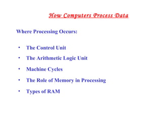 Where Processing Occurs:
• The Control Unit
• The Arithmetic Logic Unit
• Machine Cycles
• The Role of Memory in Processing
• Types of RAM
How Computers Process Data
 