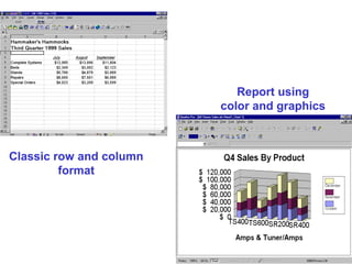 Classic row and column
format
Report using
color and graphics
 