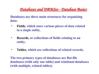 The two primary types of databases are flat-file
databases (with only one table) and relational databases
(with multiple, related tables).
• Fields, which store various pieces of data related
to a single entity.
• Records, or collections of fields relating to an
entity.
• Tables, which are collections of related records.
Databases use three main structures for organizing
data:
Databases and DBMSes - Database Basics
 