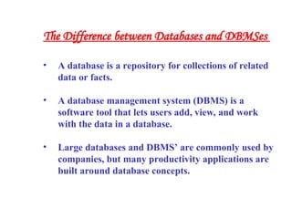 • A database is a repository for collections of related
data or facts.
• A database management system (DBMS) is a
software tool that lets users add, view, and work
with the data in a database.
• Large databases and DBMS’ are commonly used by
companies, but many productivity applications are
built around database concepts.
The Difference between Databases and DBMSes
 