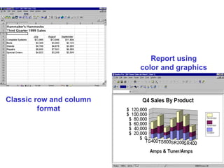 Classic row and column
format
Report using
color and graphics
 