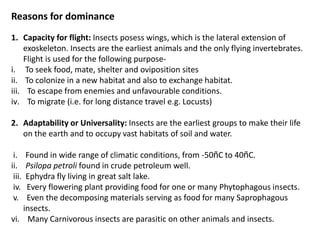 Reasons for dominance
1. Capacity for flight: Insects posess wings, which is the lateral extension of
exoskeleton. Insects are the earliest animals and the only flying invertebrates.
Flight is used for the following purpose-
i. To seek food, mate, shelter and oviposition sites
ii. To colonize in a new habitat and also to exchange habitat.
iii. To escape from enemies and unfavourable conditions.
iv. To migrate (i.e. for long distance travel e.g. Locusts)
2. Adaptability or Universality: Insects are the earliest groups to make their life
on the earth and to occupy vast habitats of soil and water.
i. Found in wide range of climatic conditions, from -50ñC to 40ñC.
ii. Psilopa petroli found in crude petroleum well.
iii. Ephydra fly living in great salt lake.
iv. Every flowering plant providing food for one or many Phytophagous insects.
v. Even the decomposing materials serving as food for many Saprophagous
insects.
vi. Many Carnivorous insects are parasitic on other animals and insects.
 