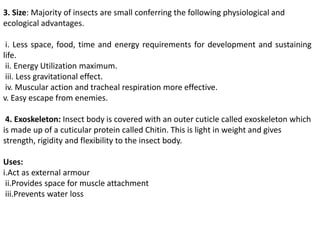 3. Size: Majority of insects are small conferring the following physiological and
ecological advantages.
i. Less space, food, time and energy requirements for development and sustaining
life.
ii. Energy Utilization maximum.
iii. Less gravitational effect.
iv. Muscular action and tracheal respiration more effective.
v. Easy escape from enemies.
4. Exoskeleton: Insect body is covered with an outer cuticle called exoskeleton which
is made up of a cuticular protein called Chitin. This is light in weight and gives
strength, rigidity and flexibility to the insect body.
Uses:
i.Act as external armour
ii.Provides space for muscle attachment
iii.Prevents water loss
 