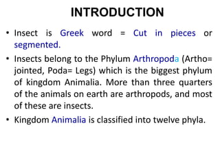 • Insect is Greek word = Cut in pieces or
segmented.
• Insects belong to the Phylum Arthropoda (Artho=
jointed, Poda= Legs) which is the biggest phylum
of kingdom Animalia. More than three quarters
of the animals on earth are arthropods, and most
of these are insects.
• Kingdom Animalia is classified into twelve phyla.
INTRODUCTION
 
