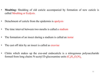 • Moulting: Shedding of old cuticle accompanied by formation of new cuticle is
called Moulting or Ecdysis.
• Detachment of cuticle from the epidermis is apolysis
• The time interval between two moults is called a stadium
• The formation of an insect during a stadium is called an instar
• The cast off skin by an insect is called as exuviae
• Chitin which makes up the exo-and endocuticle is a nitrogenous polysaccharide
formed from long chains N-acetyl D-glucosamine units (C8H13O5N)n
50
 