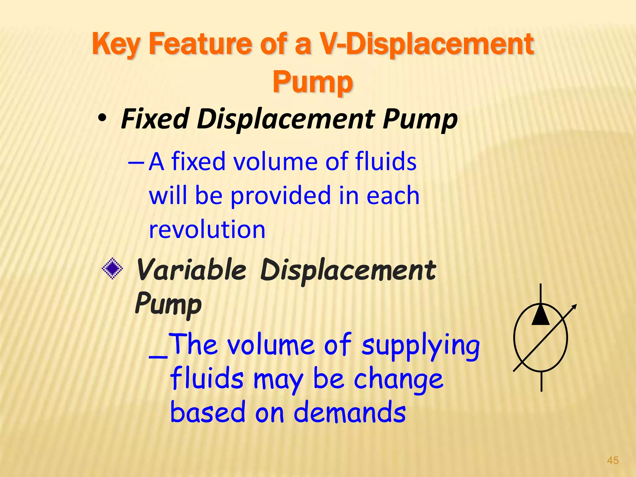 Key Feature of a V-Displacement
Pump
• Fixed Displacement Pump
–A fixed volume of fluids
will be provided in each
revolution
Variable Displacement
Pump
_The volume of supplying
fluids may be change
based on demands
45
 
