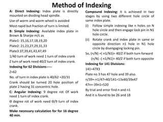 Method of Indexing
A: Direct Indexing: Index plate is directly
mounted on dividing head spindle.
Use of worm and worm wheel is avoided
Most rapid but fraction of turn is limited.
B: Simple Indexing: Available index plate in
Brown & Sharpe m/c as
Plate1: 15,16,17,18,19,20
Plate2: 21,23,27,29,31,33
Plate3:37,39,41,43,47,49
1/40 turn of work need 1 turn of index crank
Z turn of work need 40/Z turn of index crank.
Indexing for 62 Divisions-----
Z=62
No. of turn in index plate is 40/62 =20/31
Crank should be turned 20 hole position of
plate 2 having 31 concentric hole.
C: Angular Indexing: 9 degree rot Of work
need 1 turn of index crank.
ϴ degree rot of work need ϴ/9 turn of index
crank.
Make necessary calculation for for 16 degree
40 min.
Compound Indexing: It is achieved in two
stages by using two different hole circle of
same index plate.
(i) Follow simple indexing like n holes on N
hole circle and then engage lock pin in N1
hole circle.
(ii) Rotate crank and index plate in same or
opposite direction n1 hole in N1 hole
circle by disengaging locking pin.
So, (n/N) +( n1/N1)= 40/Z if both turn forward
(n/N) -( n1/N1)= 40/Z if both turn opposite
Indexing for 141 Divisions:
141=47X3
Plate no 3 has 47 hole and 39 also.
n/39+-n1/47=40/141=13x40/39x47
47n+-39n1=520
By trial and error find n and n1
And it is found to be 26 and 18
 