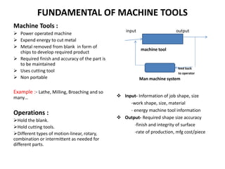FUNDAMENTAL OF MACHINE TOOLS
Machine Tools :
 Power operated machine
 Expend energy to cut metal
 Metal removed from blank in form of
chips to develop required product
 Required finish and accuracy of the part is
to be maintained
 Uses cutting tool
 Non portable
Example :- Lathe, Milling, Broaching and so
many…
Operations :
Hold the blank.
Hold cutting tools.
Different types of motion-linear, rotary,
combination or intermittent as needed for
different parts.
 Input- Information of job shape, size
-work shape, size, material
- energy machine tool information
 Output- Required shape size accuracy
-finish and integrity of surface
-rate of production, mfg cost/piece
input output
machine tool
operator feed back
to operator
Man machine system
 