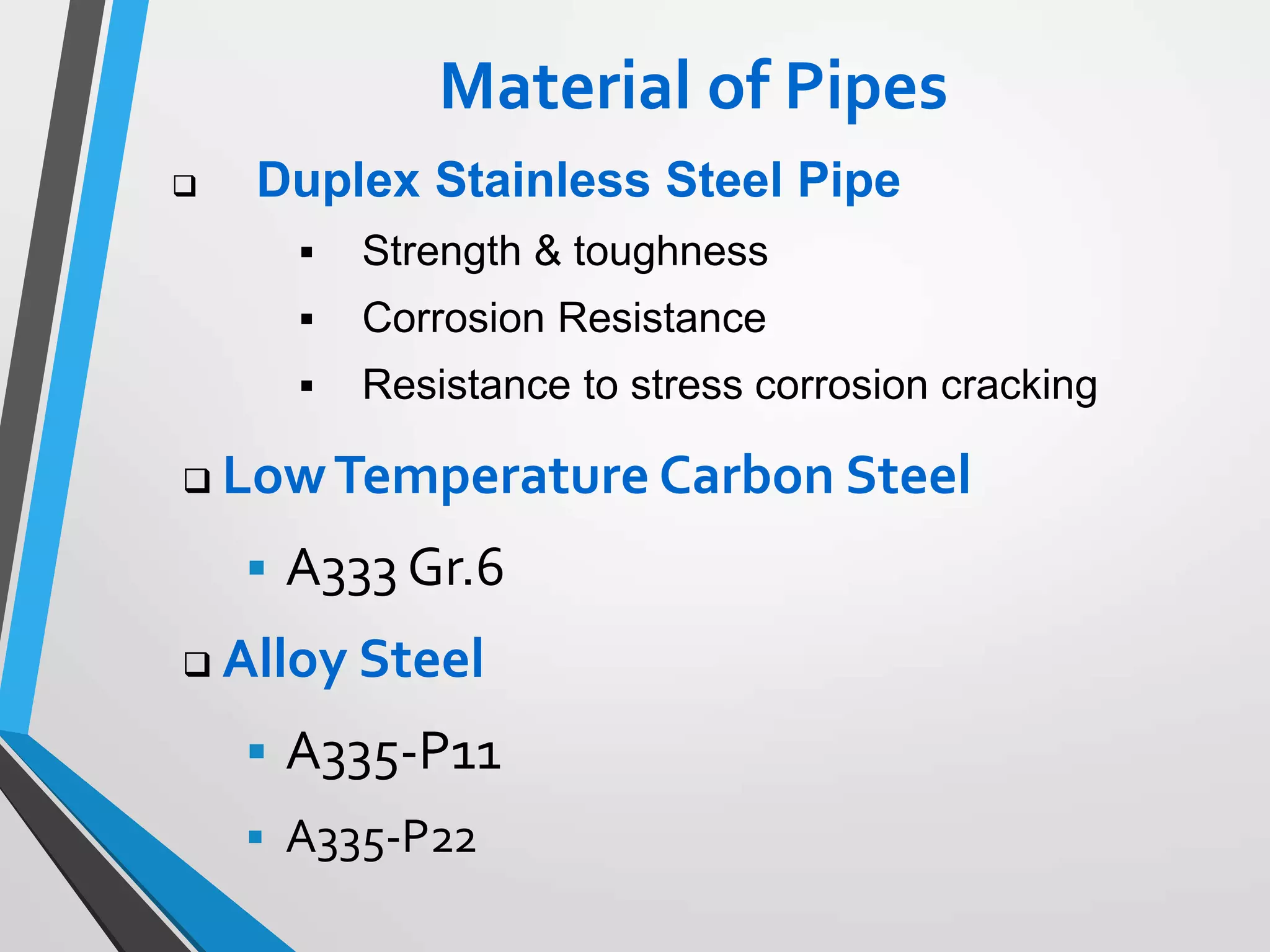 Material of Pipes
 LowTemperature Carbon Steel
 A333 Gr.6
 Alloy Steel
 A335-P11
 A335-P22
 Duplex Stainless Steel Pipe
 Strength & toughness
 Corrosion Resistance
 Resistance to stress corrosion cracking
 