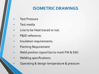 ISOMETRIC DRAWINGS
 Test Pressure
 Test media
 Line to be Heat traced or not.
 P&ID reference.
 Insulation requirements.
 Painting Requirement
 Weld position (spool b/o to mark FW & SW)
 Welding specifications.
 Operating & design temperature & pressure
 