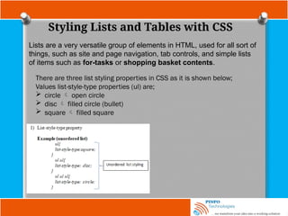 Styling Lists and Tables with CSS
Lists are a very versatile group of elements in HTML, used for all sort of
things, such as site and page navigation, tab controls, and simple lists
of items such as for-tasks or shopping basket contents.
There are three list styling properties in CSS as it is shown below;
Values list-style-type properties (ul) are;
 circle  open circle
 disc  filled circle (bullet)
 square  filled square
 