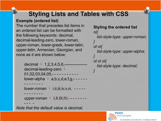 Styling Lists and Tables with CSS
Example (ordered list)
The number that precedes list items in
an ordered list can be formatted with
the following keywords: decimal,
decimal-leading-zero, lower-roman,
upper-roman, lower-greek, lower-latin,
upper-latin, Armenian, Georgian, and
none as it are shown below;
decimal  1,2,3,4,5,6,-----------------
decimal-leading-zero 
01,02,03,04,05,- - - - - - - - - - -
lower-alpha  a,b,c,d,e,f,g,- - - - - -
- - - - - - - -
lower-roman  i,ii,iii,iv,v,vi, - - - - -
- - - - - - - -
upper-roman  I,II,III,IV,- - - - - - - -
- - - -
Note that the default value is decimal.
Styling the ordered list
ol{
list-style-type: upper-roman;
}
ol ol{
list-style-type: upper-alpha;
}
ol ol ol{
list-style-type: decimal;
}
 