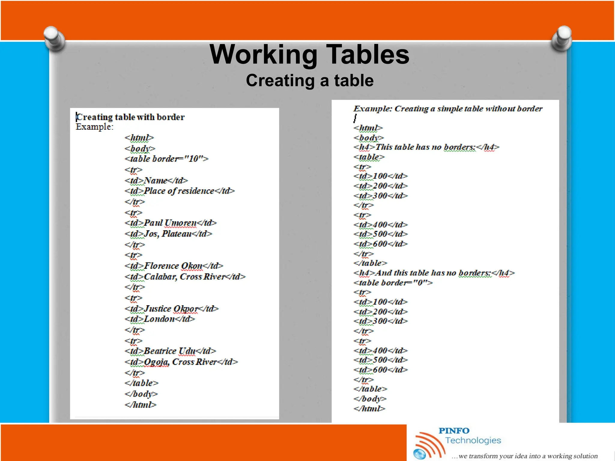 Working Tables
Creating a table
 