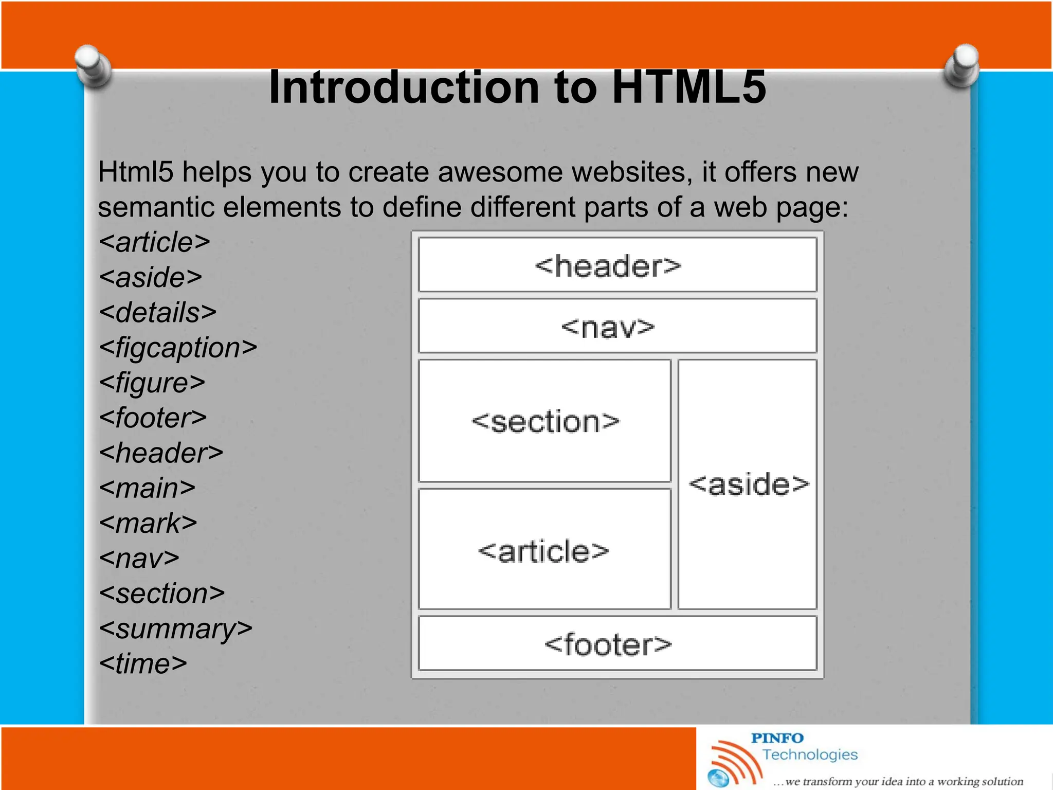 Introduction to HTML5
Html5 helps you to create awesome websites, it offers new
semantic elements to define different parts of a web page:
<article>
<aside>
<details>
<figcaption>
<figure>
<footer>
<header>
<main>
<mark>
<nav>
<section>
<summary>
<time>
 