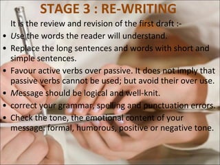 STAGE 3 : RE-WRITING  It is the review and revision of the first draft :-  U se the words the reader will understand.  Replace the long sentences and words with short and simple sentences.  Favour active verbs over passive. It does not imply that passive verbs cannot be used; but avoid their over use. M essage should be logical and well-knit.  correct your grammar, spelling and punctuation errors.  Check the tone, the emotional content of your message: formal, humorous, positive or negative tone.  