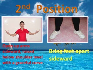 Raise one arm 
overhead while 
other arm remains 
in 2nd position. 
Bring the heel of 
one foot to touch 
the instep of th...