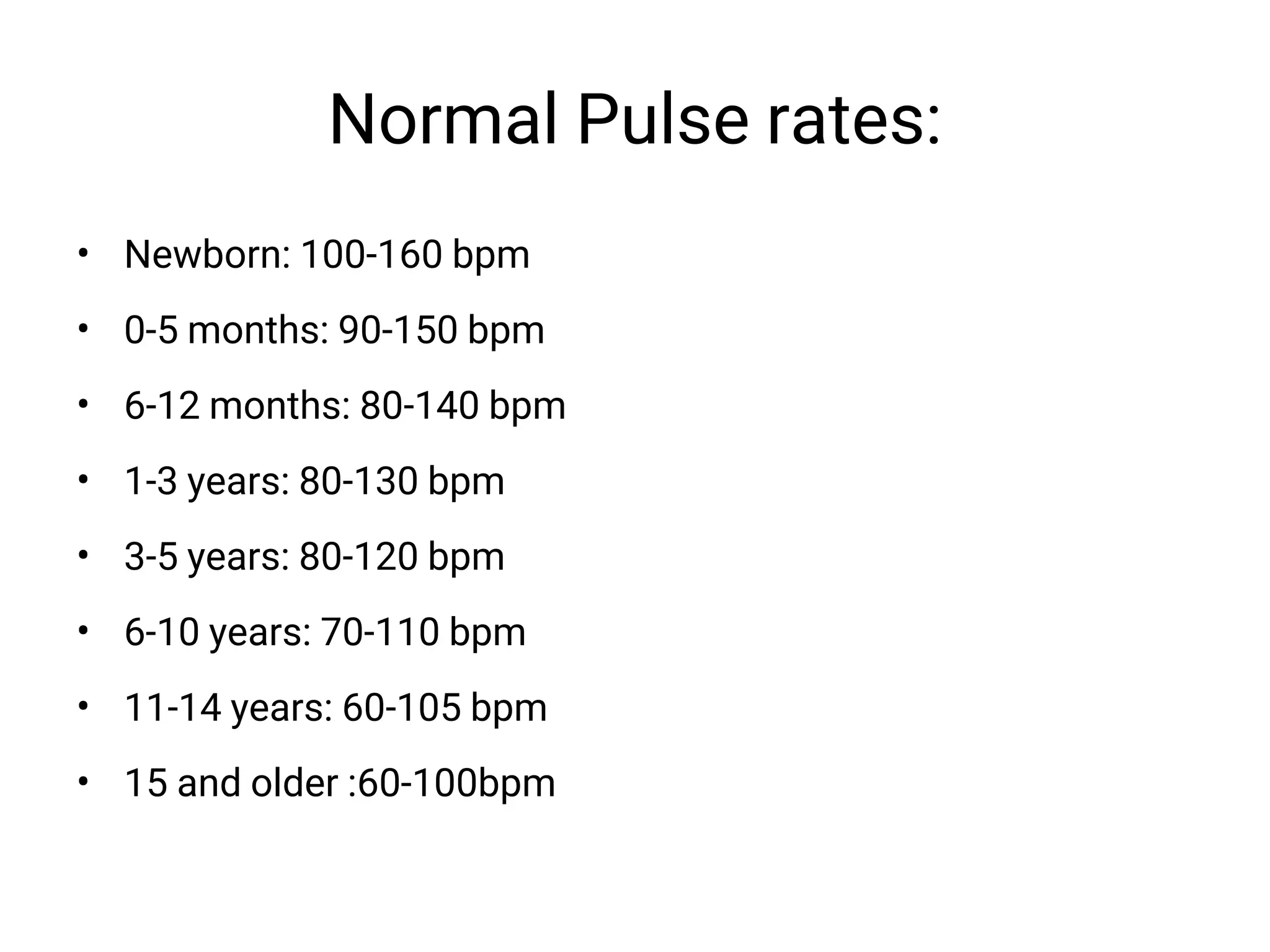 Normal Pulse rates:
• Newborn: 100-160 bpm
• 0-5 months: 90-150 bpm
• 6-12 months: 80-140 bpm
• 1-3 years: 80-130 bpm
• 3-5 years: 80-120 bpm
• 6-10 years: 70-110 bpm
• 11-14 years: 60-105 bpm
• 15 and older :60-100bpm
 