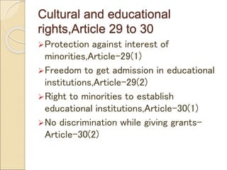 Cultural and educational
rights,Article 29 to 30
Protection against interest of
minorities,Article-29(1)
Freedom to get admission in educational
institutions,Article-29(2)
Right to minorities to establish
educational institutions,Article-30(1)
No discrimination while giving grants-
Article-30(2)
 