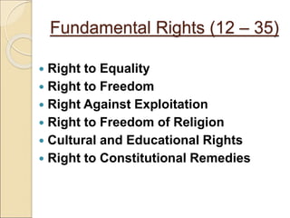 Fundamental Rights (12 – 35)
 Right to Equality
 Right to Freedom
 Right Against Exploitation
 Right to Freedom of Religion
 Cultural and Educational Rights
 Right to Constitutional Remedies
 