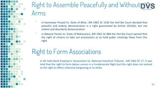 Right to Assemble Peacefully and Without
Arms
▪ In Kameswar Prasad Vs. State of Bihar, AIR 1962 SC 1166 the Hon’ble Court decided that
peaceful and orderly demonstration is a right guaranteed by Article 19(1)(b), but not
violent and disorderly demonstration.
▪ In Babutal Parate Vs. State of Maharastra, AIR 1961 SC 884 the Hon’ble Court opined that
the right of citizens to take out processions or to hold public meetings flows from this
right.
10
Right to Form Associations
In All India Bank Employers' Association Vs. National Industrial Tribunal , AIR 1962 SC 17, it was
held that the right to form labour unions is a Fundamental Right but this right does not extend
to the right to effect collective bargaining or to strike.
 