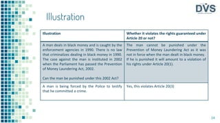 14
Illustration Whether it violates the rights guaranteed under
Article 20 or not?
A man deals in black money and is caught by the
enforcement agencies in 1990. There is no law
that criminalizes dealing in black money in 1990.
The case against the man is instituted in 2002
when the Parliament has passed the Prevention
of Money Laundering Act, 2002.
Can the man be punished under this 2002 Act?
The man cannot be punished under the
Prevention of Money Laundering Act as it was
not in force when the man dealt in black money.
If he is punished it will amount to a violation of
his rights under Article 20(1).
A man is being forced by the Police to testify
that he committed a crime.
Yes, this violates Article 20(3)
Illustration
 
