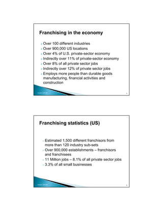Franchising in the economy

          Over 100 different industries
          Over 900,000 US locations
          Over 4% of U.S. private-sector economy
          Indirectly over 11% of private-sector economy
          Over 8% of all private sector jobs
          Indirectly over 12% of private sector jobs
          Employs more people than durable goods
          manufacturing, financial activities and
          construction

Copyright 2009 MSA
                                                                 5




   Franchising statistics (US)


             Estimated 1,500 different franchisors from
             more than 120 industry sub-sets
             Over 900,000 establishments – franchisors
             and franchisees
             11 Million jobs – 8.1% of all private sector jobs
             3.3% of all small businesses




Copyright 2009 MSA
                                                                 6
 