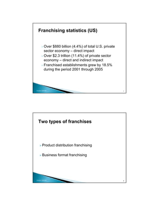Franchising statistics (US)


             Over $880 billion (4.4%) of total U.S. private
             sector economy – direct impact
             Over $2.3 trillion (11.4%) of private sector
             economy – direct and indirect impact
             Franchised establishments grew by 18.5%
             during the period 2001 through 2005




Copyright 2009 MSA
                                                              7




   Two types of franchises



          Product distribution franchising

          Business format franchising




Copyright 2009 MSA
                                                              8
 