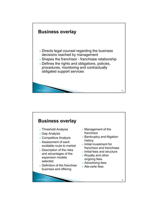 Business overlay



          Directs legal counsel regarding the business
          decisions reached by management
          Shapes the franchisor - franchisee relationship
          Defines the rights and obligations, policies,
          procedures, monitoring and contractually
          obligated support services



Copyright 2009 MSA
                                                                     93




   Business overlay
          Threshold Analysis            Management of the
          Gap Analysis                  franchisor
          Competitive Analysis          Bankruptcy and litigation
                                        history
          Assessment of each
                                        Initial investment for
          available route to market
                                        franchisor and franchisee
          Description of the risks
                                        Initial fees and structure
          and advantages of the
                                        Royalty and other
          expansion models
                                        ongoing fees
          selected
                                        Advertising fees
          Definition of the franchise   Ala-carte fees
          business and offering


Copyright 2009 MSA
                                                                     94
 