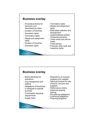 Business overlay
          Financial proforma for      Termination rights
          franchisor and              Resale and assignment
          franchisees by class        rights
          Duration of franchise       Real estate selection and
          Successor rights            development
                                      Lease/sublease policies
          Termination rights
                                      Territorial exclusivity
          Resale and assignment
                                      Trade marks and service
          rights
                                      marks
          Duration of franchise       Trade secrets
          Successor rights            Financial, other audit and
                                      inspection rights

Copyright 2009 MSA
                                                                   95




   Business overlay
          Brand standards for         Restrictions on sources,
          operations                  suppliers and supplies
          Unit management and         Approval process for new
          staffing                    products, services and
          Obligations of franchisee   suppliers
          or designee to operate      Performance criteria
          business                    Initial and ongoing
                                      training
          Franchisee's reporting
                                      Pre-opening obligations
          requirements                Continuing obligations
          Supply chain                Financing programs



Copyright 2009 MSA
                                                                   96
 