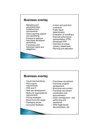 Business overlay
          Marketing and               In-term and post term
          advertising fees,           covenants
          limitations and             Public figure
          requirements                determination
          Grand opening support       Evaluation of including a
          and advertising
                                      financial performance
          Process to approve          representation (FPR)
          franchisee developed
          advertising                 Developed FPR
                                      Overview of unique
          Franchisee and
          franchisor rights and       industry related laws
          obligations                 Planning and allocation


Copyright 2009 MSA
                                                                  97




   Business overlay
          Visual merchandising        Franchisee recruitment
          Plan-o-gram                 Franchise program
          requirements                development
          POS and IT                  Brochures and content
          Web site development        Franchise recruitment
          Multi-unit organizational   coordination and
          requirements                documentation
          Pricing strategies          Chain management – low
          Brand fund and usage        performing unit
          Packaging issues            assistance
          Consumer feedback           Other legal issues,
                                      documentation, etc.

Copyright 2009 MSA
                                                                  98
 