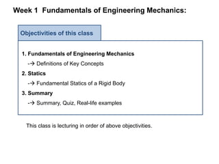 Week 1 Fundamentals of Engineering Mechanics:
Objectivities of this class
1. Fundamentals of Engineering Mechanics
- Definitions of Key Concepts
2. Statics
- Fundamental Statics of a Rigid Body
3. Summary
- Summary, Quiz, Real-life examples
This class is lecturing in order of above objectivities.
 