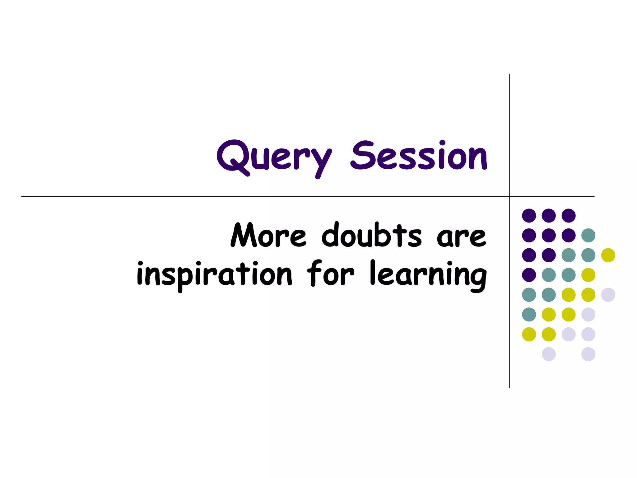 Query Session
More doubts are
inspiration for learning
 