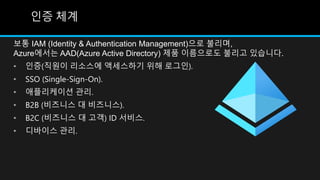 인증 체계
보통 IAM (Identity & Authentication Management)으로 불리며,
Azure에서는 AAD(Azure Active Directory) 제품 이름으로도 불리고 있습니다.
• 인증(직원...