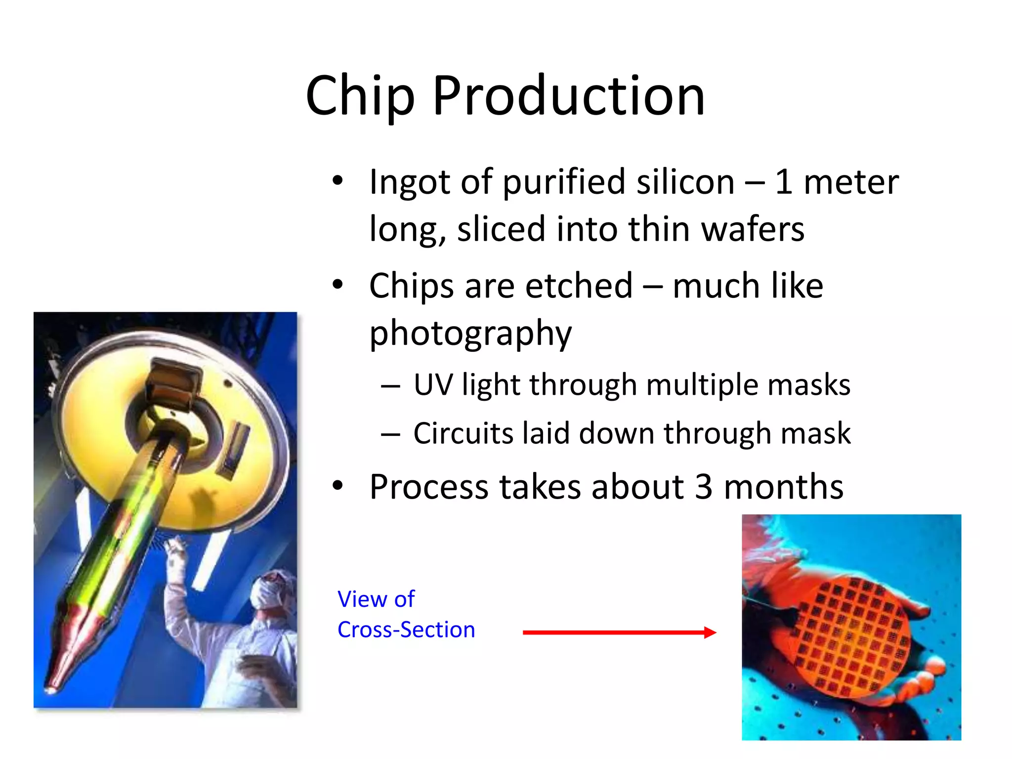Chip Production
• Ingot of purified silicon – 1 meter
long, sliced into thin wafers
• Chips are etched – much like
photography
– UV light through multiple masks
– Circuits laid down through mask
• Process takes about 3 months
View of
Cross-Section
 