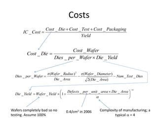 Costs
Yield
Packaging
Cost
Test
Cost
Die
Cost
Cost
IC
_
_
_
_



Yield
Die
Wafer
per
Dies
Wafer
Cost
Die
Cost
_
_
_
_
_


Dies
Test
Num
Area
Die
Diameter
Wafer
Area
Die
Radius
Wafer
Wafer
per
Dies _
_
)
_
(
2
)
_
(
_
)
_
(
_
_
2













 



Area
Die
area
unit
per
Defects
Yield
Wafer
Yield
Die
_
_
_
_
1
_
_
Complexity of manufacturing; a
typical  = 4
Wafers completely bad so no
testing. Assume 100%
0.4/cm2 in 2006
 