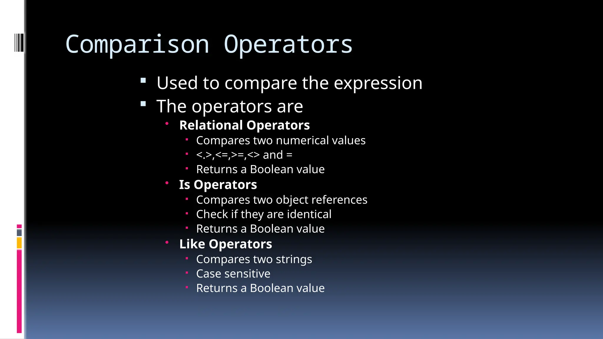 Comparison Operators
 Used to compare the expression
 The operators are
• Relational Operators
 Compares two numerical values
 <.>,<=,>=,<> and =
 Returns a Boolean value
• Is Operators
 Compares two object references
 Check if they are identical
 Returns a Boolean value
• Like Operators
 Compares two strings
 Case sensitive
 Returns a Boolean value
 
