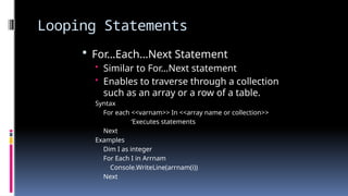 Looping Statements
 For…Each…Next Statement
• Similar to For...Next statement
• Enables to traverse through a collection
such as an array or a row of a table.
Syntax
For each <<varnam>> In <<array name or collection>>
‘Executes statements
Next
Examples
Dim I as integer
For Each I in Arrnam
Console.WriteLine(arrnam(i))
Next
 