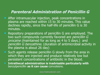 Parenteral Administration of Penicillin G After intramuscular injection, peak concentrations in plasma are reached within 15 to 30 minutes. This value declines rapidly, since the half-life of penicillin G is 30 minutes. Repository preparations of penicillin G are employed. The two such compounds currently favored are  penicillin G   procaine ( maintained for as long as 4 to 5 days.)  and  penicillin G benzathine . (duration of antimicrobial activity in the plasma is about 26 day) Such agents release penicillin G slowly from the area in which they are injected and produce relatively low but persistent concentrations of antibiotic in the blood. Intrathecal administration is inadvisable particularly with  benzylpenicillin  as it can cause  convulsions. www.freelivedoctor.com 