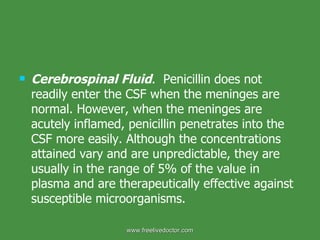 Cerebrospinal Fluid .  Penicillin does not readily enter the CSF when the meninges are normal. However, when the meninges are acutely inflamed, penicillin penetrates into the CSF more easily. Although the concentrations attained vary and are unpredictable, they are usually in the range of 5% of the value in plasma and are therapeutically effective against susceptible microorganisms. www.freelivedoctor.com 