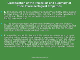 Classification of the Penicillins and Summary of Their Pharmacological Properties 1.   Penicillin G and its close congener penicillin V are highly active against sensitive strains of gram-positive cocci, but they are readily hydrolyzed by penicillinase. Thus, they are ineffective against most strains of Staphylococcus aureus. 2.   The penicillinase-resistant penicillins (methicillin, nafcillin, oxacillin, cloxacillin, and dicloxacillin) have less potent antimicrobial activity against microorganisms that are sensitive to penicillin G, but they are effective against penicillinase-producing Staph. aureus. 3.   Ampicillin, amoxicillin, bacampicillin, and others comprise a group of penicillins whose antimicrobial activity is extended to include such gram-negative microorganisms as Haemophilus influenzae, E. coli, and Proteus mirabilis. Unfortunately, these drugs and the others listed below are hydrolyzed readily by broad-spectrum b-lactamases that are found with increasing frequency in clinical isolates of these gram-negative bacteria. www.freelivedoctor.com 