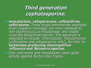 Third generation cephalosporins: moxalactam, cefaperazone, ceftazidirne, ceftriaxone.  These drugs demonstrate extended Gram negative coverage, are more resistant to non -Staphylococcus  b-lactamase, and readily cross the blood-brain barrier. The spectrum is extended to include:  Enterobacter, Pseudomonas  (ceftazidime and cefaperazone only),  Serratia,  b -lactamase producing  Haemophillus influenza  and  Neisseria  species.  Only cetizoxime and moxalactam retain good activity against  Bacteroides fragilis. www.freelivedoctor.com 