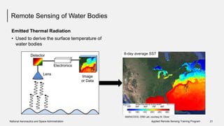 Remote Sensing of Water Bodies
Emitted Thermal Radiation
• Used to derive the surface temperature of
water bodies
MARACOOS, ORB Lab, courtesy M. Oliver
Applied Remote Sensing Training ProgramNational Aeronautics and Space Administration 21
8-day average SST
 