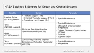 NASA Satellites & Sensors for Ocean and Coastal Systems
• Chlorophyll-a Concentration
• Colored Dissolved Organic Matter
(5/2002 - present)
• Temperature
National Aeronautics and Space Administration Applied Remote Sensing Training Program 24
Satellite Sensor Parameter
Landsat Series
(7/1972 - present)
• Thematic Mapper (TM)
• Enhanced Thematic Mapper (ETM+)
• Operational Land Imager (OLI)
• Spectral Reflectance
Terra
(12/1999 - present)
Moderate Resolution Imaging
Spectroradiometer (MODIS)
• Spectral Reflectance
• Temperature
(CDOM)
• Turbidity
• Euphotic Depth
Aqua
Terra
(12/1999 – present)
Advanced Spaceborne Thermal
Emission and Reflection Radiometer
(ASTER)
• Spectral Reflectance
 