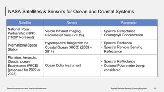 NASA Satellites & Sensors for Ocean and Coastal Systems
• Chlorophyll Concentration
• Spectral Remote Sensing
National Aeronautics and Space Administration Applied Remote Sensing Training Program 25
Satellite Sensor Parameter
National Polar
Partnership (NPP)
(11/2011-present)
Visible Infrared Imaging
Radiometer Suite (VIIRS)
• Spectral Reflectance
International Space
Station
Hyperspectral Imager for the
Coastal Ocean (HICO) (2009 –
2014)
• Spectral Radiance
Reflectance
Plankton, Aerosols,
Clouds, ocean
Ecosystems (PACE)
(proposed for 2022 or
2023)
Ocean Color Instrument
• Spectral Reflectance
• Optional Polarimeter being
considered
 